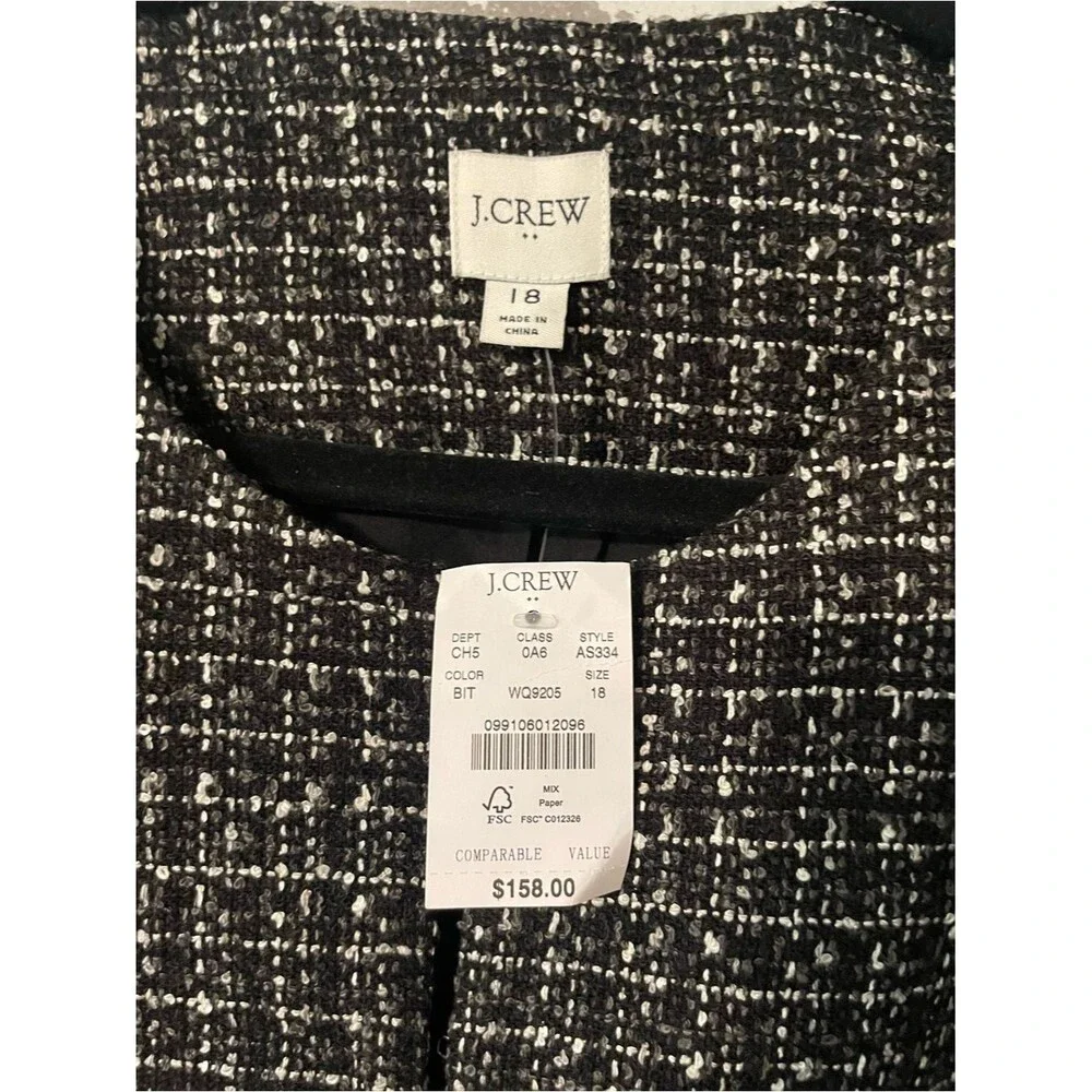 J.Crew Black & White Tweed Peplum Jacket Blazer Size 14 collarless